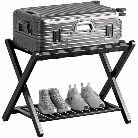 Luggage Rack, Foldable Bamboo Suitcase Stand with Storage Shelf for Guest Room, Bedroom, Hotel, Heavy-Duty, 1 Pack (Black)