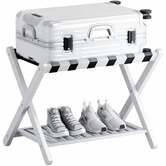 Luggage Rack, Foldable Bamboo Suitcase Stand with Storage Shelf for Guest Room, Bedroom, Hotel, Heavy-Duty, 1 Pack (White)