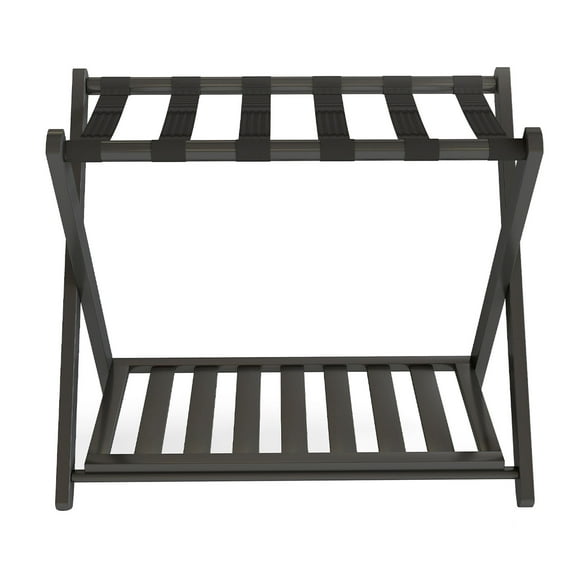 Luggage Rack Foldable Thickened Wood Suitcase Stand with Storage Shelf for Hotel Bedroom Guest Room Black