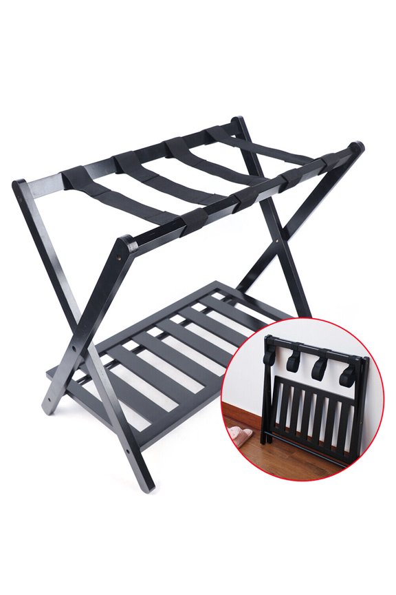 Luggage Rack Foldable with Shelf Travel Bamboo Suitcase Storage Holder Stand