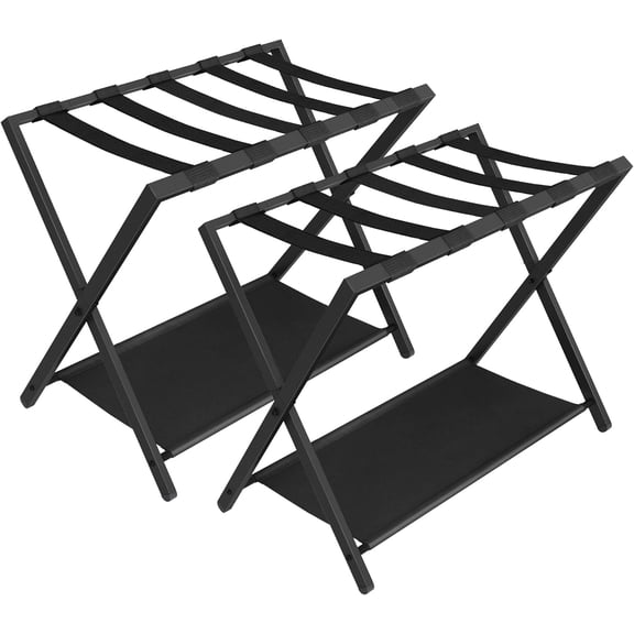 Luggage Rack, Folding Suitcase Stand for Guest, Foldable, Luggage Holders with Shelf, Steel Frame with Nylon Straps for Bedroom, Hotel, Holds up to 154 lb, Black, 2 Pack LR03901B