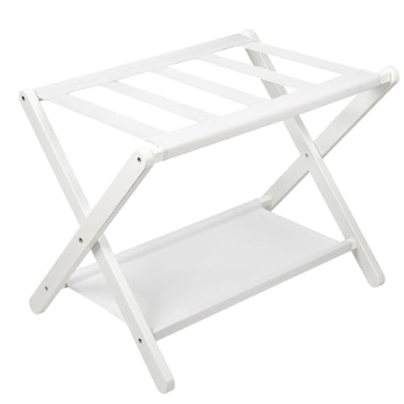 Luggage Rack Folding Suitcase Stand with Storage Shelf Bamboo Luggage Stand for Guest Room Bedroon and Hotel Holds up to 131 lb Fit Most Luggage Size White