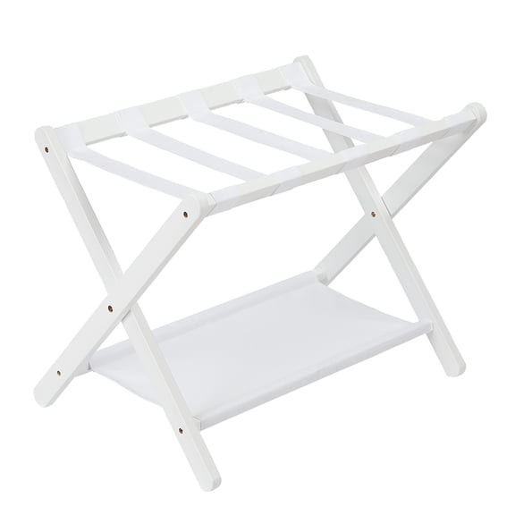 Luggage Rack Folding Suitcase Stand with Storage Shelf and Nylon Straps Premium Bamboo Luggage Rack Holds Up to 110 Lb Fits Most Luggage Sizes for Bedrooms Living Rooms and Hotels White