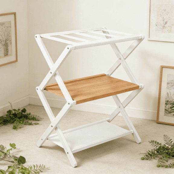 Luggage Rack, Folding Suitcase Stand with Storage Shelf, Bamboo Stand for Guest Room, Bedroom and Hotel, Holds up to 131 lb, Fit Most Luggage, White