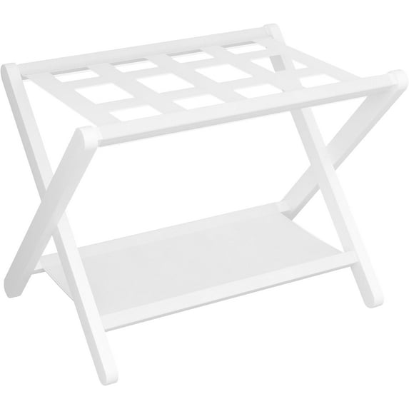 Luggage Rack, Folding Suitcase Stand with Storage Shelf, Heavy-Duty Luggage Holder for Guest Room Bedroom Hotel, Holds up to 141 lb, White
