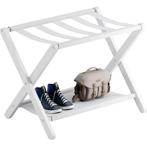 Luggage Rack, Folding Suitcase Stand with Storage Shelf,   Luggage Holder for Guest Room, , Hotel, Closet,  up to 135 lb (White)