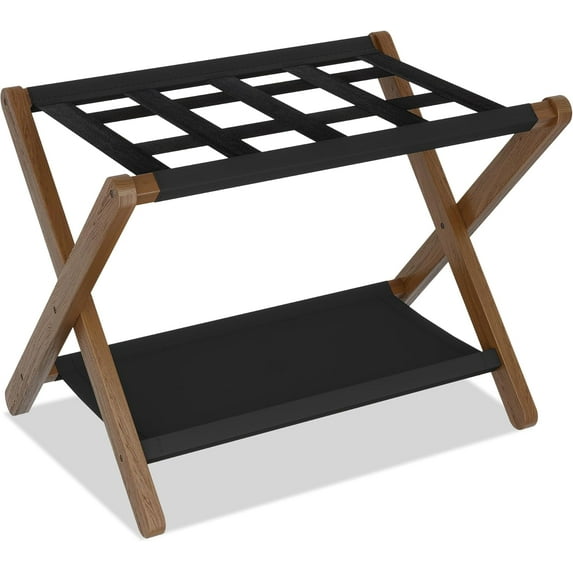 Luggage Rack, Folding Suitcase Stand with Storage Shelf, Luggage Holder with 5 Nylon Straps for Guest Room Bedroom Hotel, Walnut
