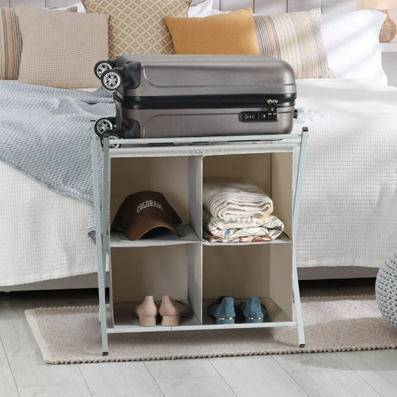Luggage Rack for Guest Room, Folding Steel Suitcase Stand with 4 Fabric Storage Compartments, Heavy Duty Luggage Holder with Space Saving Design, for Bedroom, Hotel, Gray