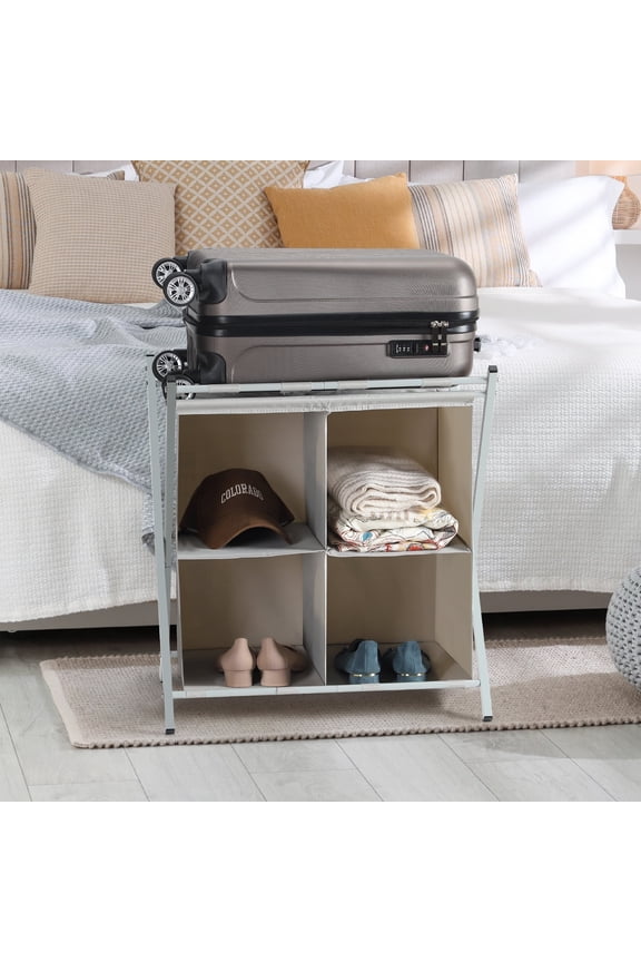 Luggage Rack for Guest Room, Folding Steel Suitcase Stand with 4 Fabric Storage Compartments, Heavy Duty Luggage Holder with Space Saving Design, for Bedroom, Hotel, Gray