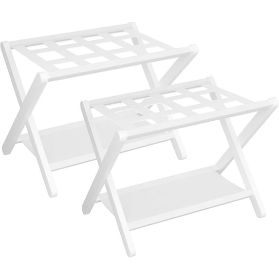 Luggage Rack, Pack of 2, Folding Suitcase Stand with Storage Shelf, Heavy-Duty Luggage Holder for Guest Room Bedroom Hotel, Holds up to 141 lb, White,