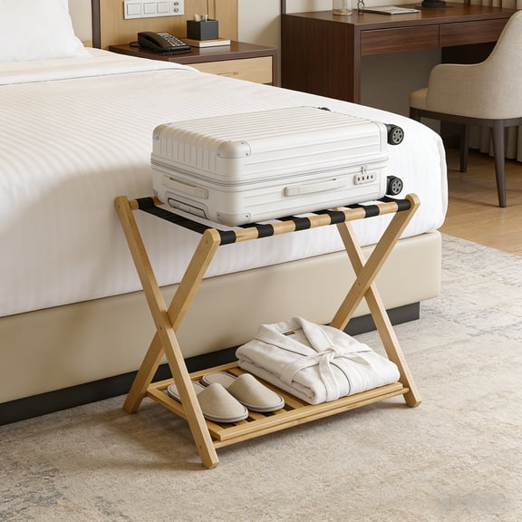 Luggage Rack Suitcase Stand Foldable Thickened Wood Luggage Holder with X Shaped Sturdy Frame and 5 Heavy Duty Nylon Straps for Hotel Bedroom Guest Room