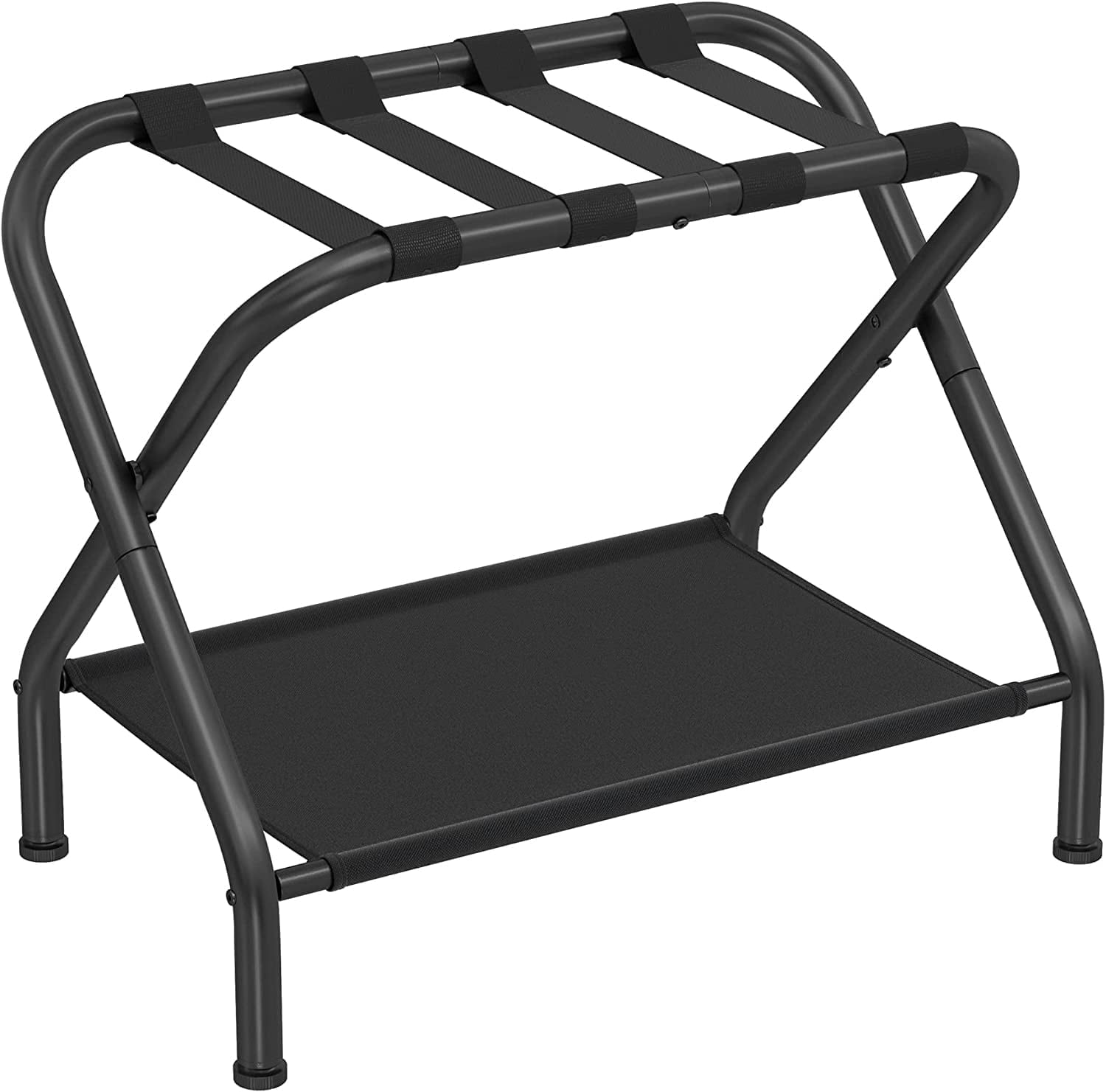 Black Steel Foldable Luggage Rack with Fabric Shelf
