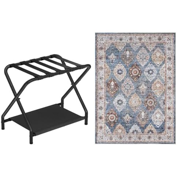 Luggage Rack and Area Rugs Bundle, Folding Suitcase Stand with Fabric Storage Shelf for Guest Room, 5 x 7 ft Washable Vintage Runner Rug