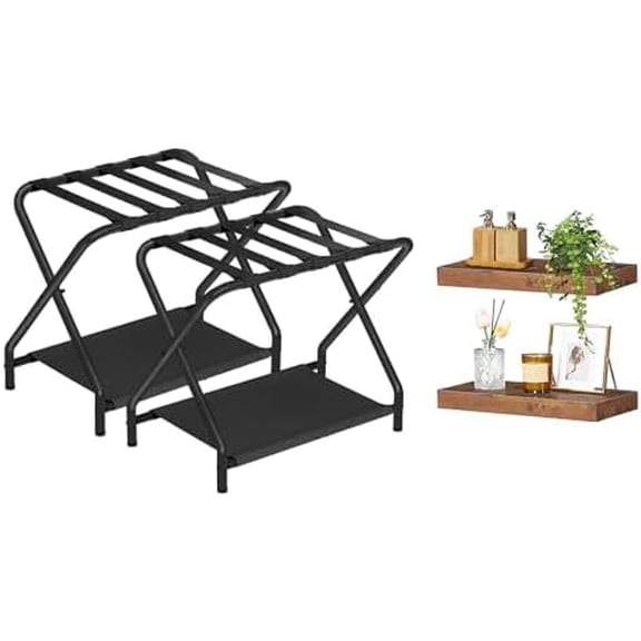 Luggage Rack and Floating Shelves Bundle, Folding Suitcase Stand with Fabric Storage Shelf for Guest Room, Wall Mounted Shelf Set of 2