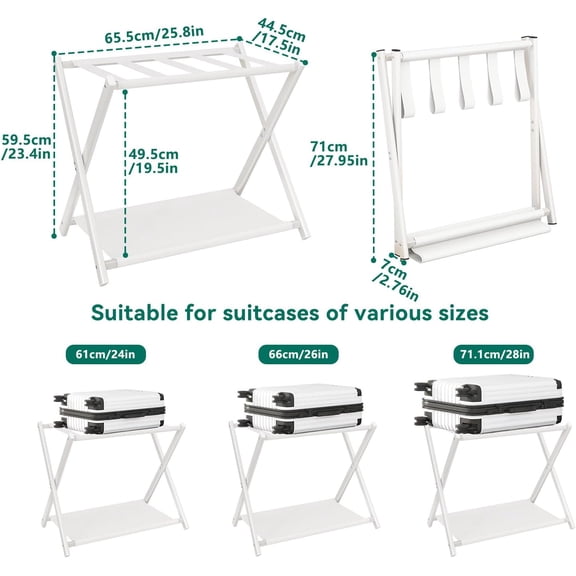 Luggage Rack for All Suitcase Sizes,Foldable Suitcase Stand with Fabric Storage Shelf,Easy to Assemble for Bedroom Living Room Hotel,White TLR002W-2