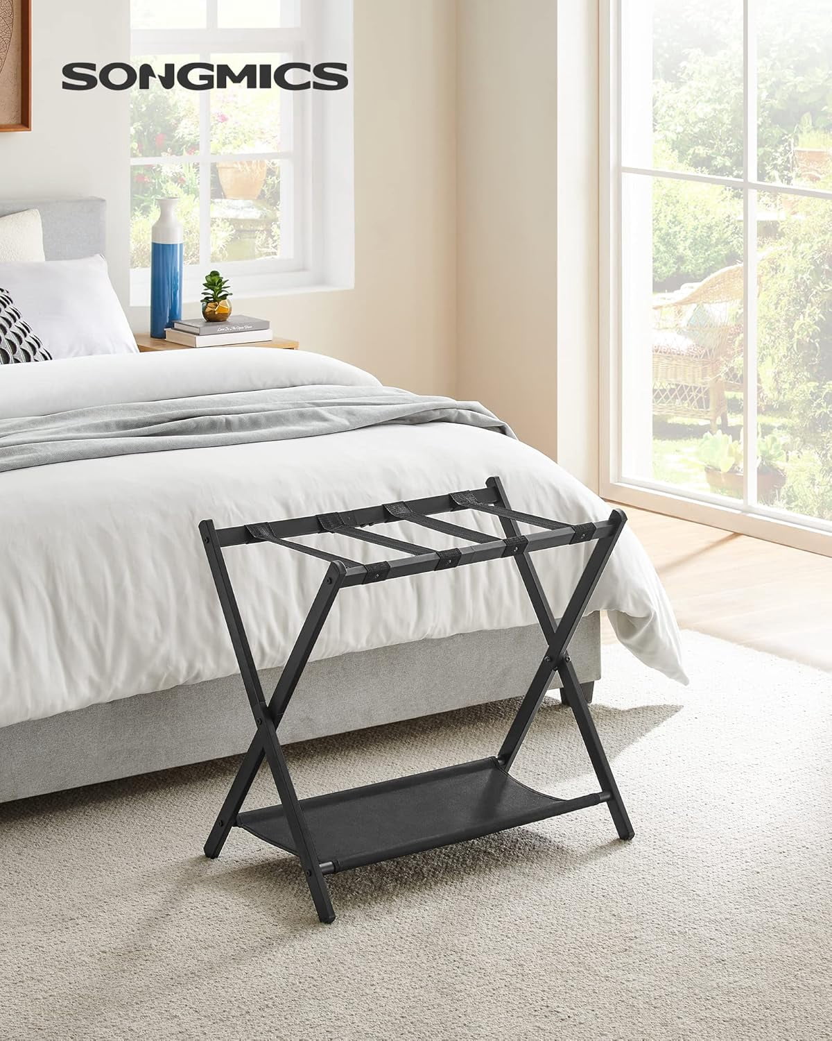 Guest Storage Rack SONGMICS Folding Metal Luggage Rack with Storage Shelf for Guest Room ...
