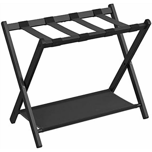 Luggage Rack for Guest Room, Suitcase Stand with Storage Shelf, Steel Frame, Foldable for Easy Storage, Hotel, Bedroom, Black URLR003B01