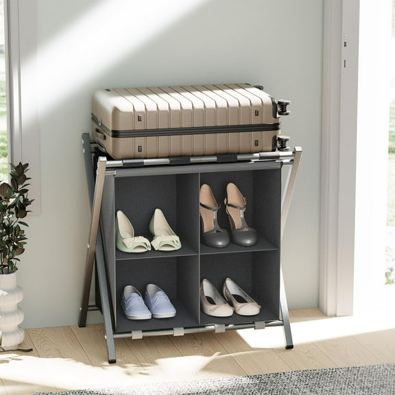 Luggage Rack with storage, Guest Room Folding Suitcase Stands, Holds up to 120 lb, Space Saving Suitcase Holders for guest room, Bedroom Hotel, Grey