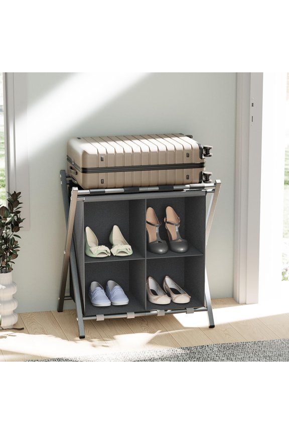 Luggage Rack with storage, Guest Room Folding Suitcase Stands, Holds up to 120 lb, Space Saving Suitcase Holders for guest room, Bedroom Hotel, Grey