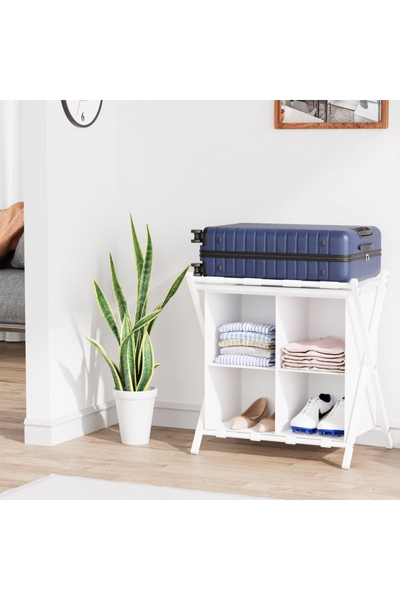Luggage Rack with storage, Guest Room Folding Suitcase Stands, Holds up to 120 lb, Space Saving Suitcase Holders for guest room, Bedroom Hotel, White
