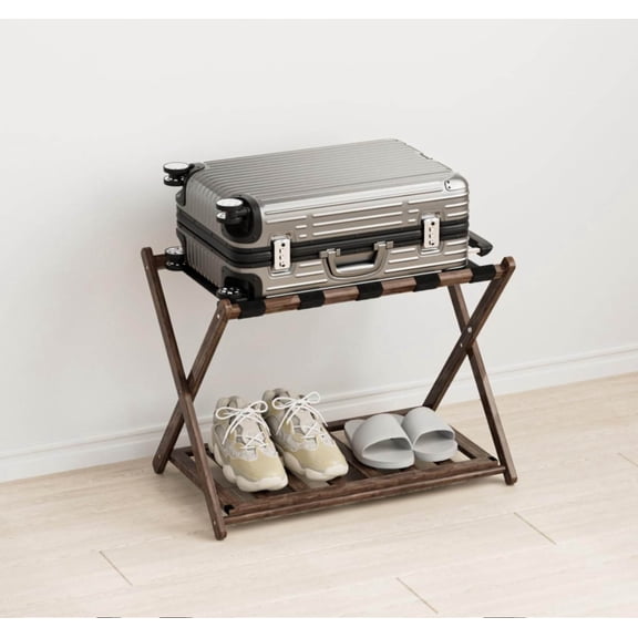 Luggage Racks, Folding Suitcase Stand with Storage Shelf, Bamboo Suitcase Rack with Unique Magnetic Locking, Assembled Luggage Rack, Luggage Holders Stand