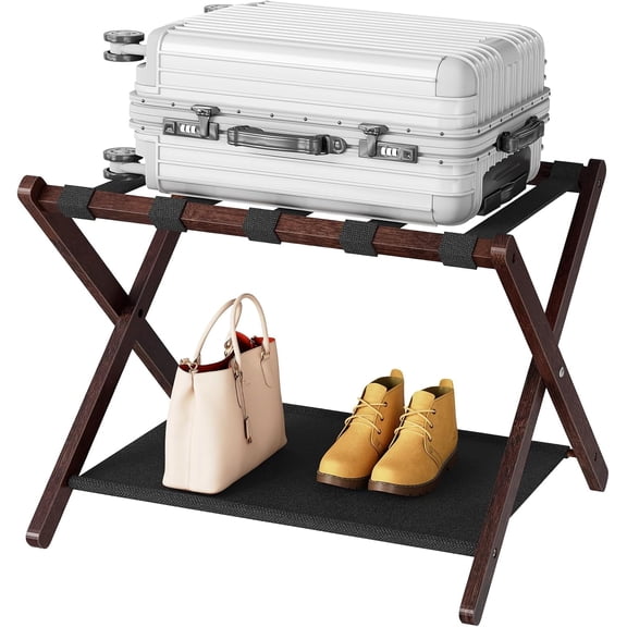 Luggage Racks, Set of 2 Folding Luggage Holders, Bamboo Suitcase Stands, with Nylon Straps and Oxford Fabric Shelf, for Guest Room, Hotel, Bedroom, Brown and Black