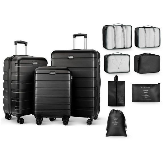 Luggage Set 10 Piece Lightweight Suitcase Set PC ABS Hardshell Luggage with Spinner Wheels TSA Lock 20 24 28 Inch with 7 Storage Bags Black