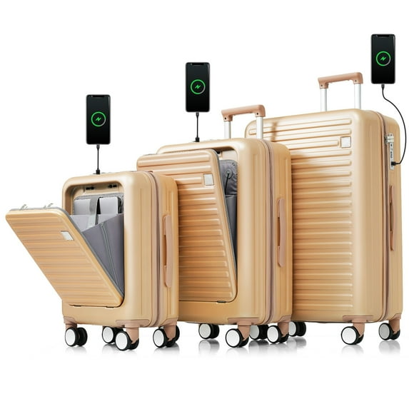 Luggage Set of 3, Front Opening Travel Luggage with USB Port & Cup Holder, Lightweight ABS Hard Shell Suitcase with Hook, Telescoping Handle & Spinner Wheels for Trip, Champagne(20'',24''.28'')