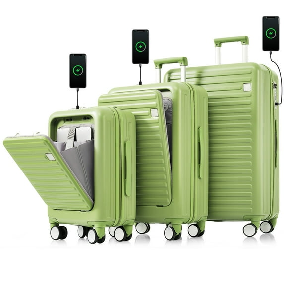 Luggage Set of 3, 20/24/28 Inch with USB Port, Cup Holder and Spinner Wheels, 20/24 Inch ABS Hard Shell Suitcase with Front Opening Design, Light Green