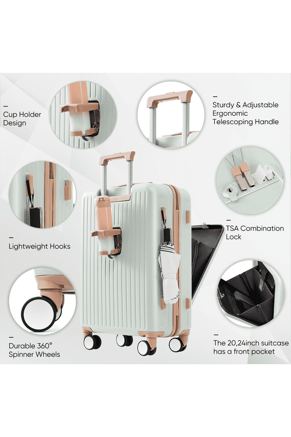 Luggage Set of 3, 20, 24, 28inch with USB Port, 20, 24inch with front opening design Airline Certified Carry on Luggage with Cup Holder, ABS Hard Shell Luggage with Spinner Wheels, grey green