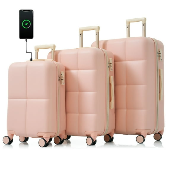 Luggage Set of 3, 20 Inches with USB Port, Carry-on Luggage with Cup Holder& Adjustable Handle&Hooks, Lightweight ABS Hard Shell Luggage with Spinner Wheels, Pink