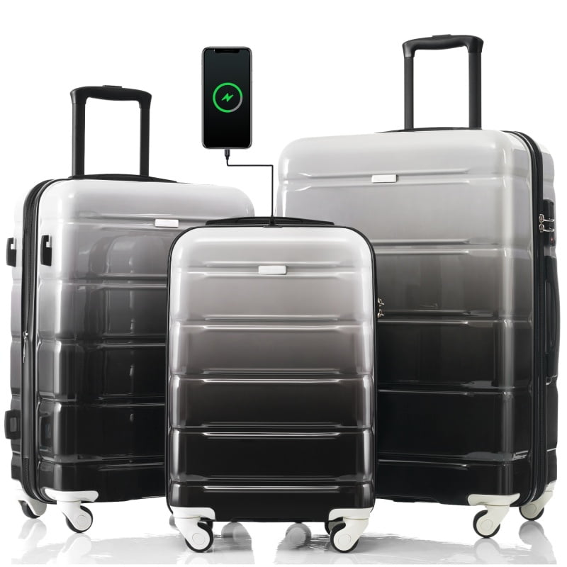 Luggage Set of 3, 20-inch with USB Port, Airline Certified Carry-on Luggage with Cup Holder, ABS PC Hard Shell Luggage with Spinner Wheels, Gradient Blue