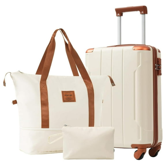 Luggage Set 3 Piece Carry on Luggage, Lightweight Durable Spinner Suitcase with Corner Guards (White Brown, 20inch)