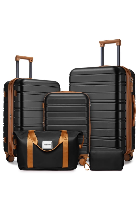 Luggage Set 5 Piece with Spinner Wheels, ABS Hardside Luggage with TSA Lock Expandable Carry on Suitcase Set for Travel Black
