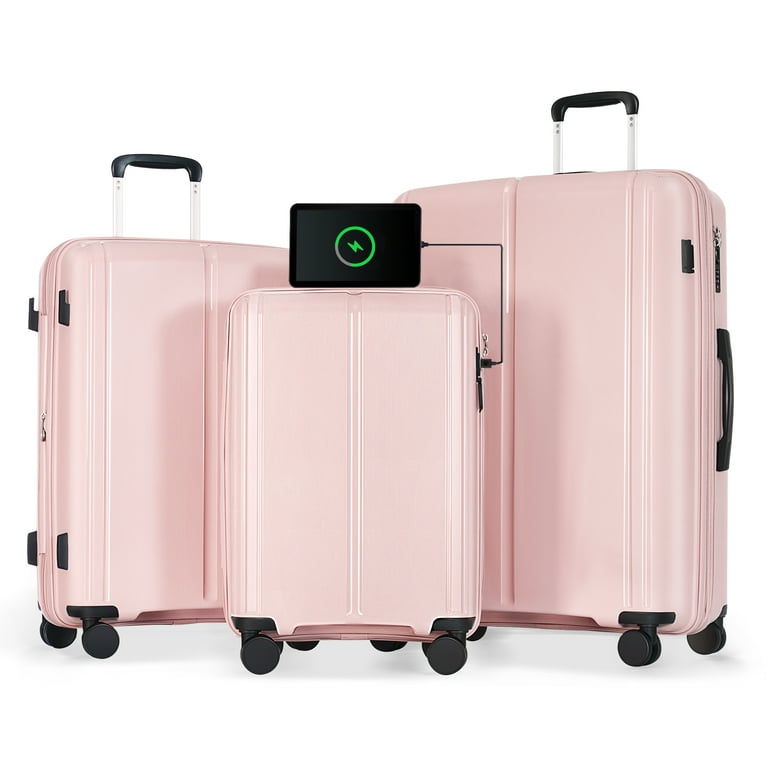 Luggage Sets 3 Piece Expandable Hardside Luggage Suitcase Set with USB Port PP Lightweight Luggage with Spinner Wheels TSA Lock Pink Walmart