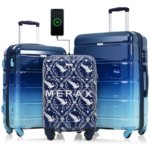 Luggage Set Of 3, 20-Inch With Usb Port, Airline Certified Carry-On Luggage , Abs+Pc Hard Shell Luggage With Spinner Wheels,Indigo Swan