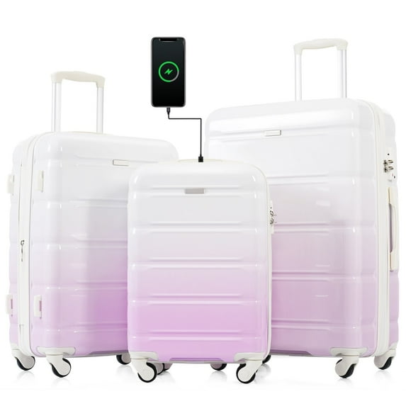 Luggage Set of 3, 20-Inch with USB Port, Luggage with Cup Holder& Pothook, ABS+PC Hard Shell Luggage with Spinner Wheels, Purple Gradient