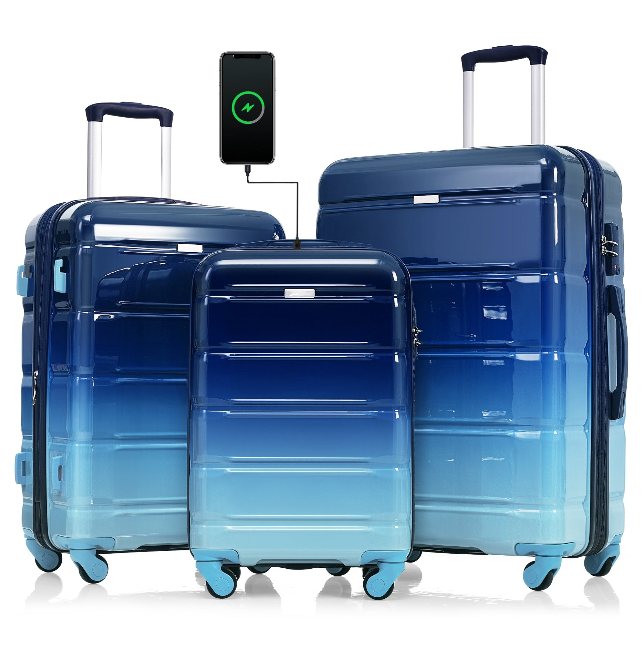 Luggage Set of 3, 20-inch with USB Port, Airline Certified Carry-on Luggage , +PC Hard Shell Luggage with Spinner Wheels, Gradient Blue