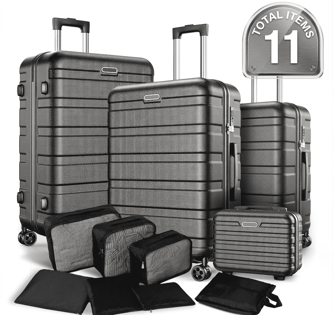 Luggage Sets 11 Pcs Suitcase Set, Hardshell Luggage with Packing Cubes & Wheels, 20" Carry On Luggage and 24“&28" Checked Luggage Set, Lightweight Travel Luggage