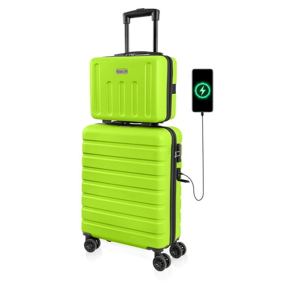 Luggage Sets 2 Piece Hardshell Lightweight Carry on Luggage Cosmetic Case with wheels USB Port TSA Lock 14 20 inch AppleGreen