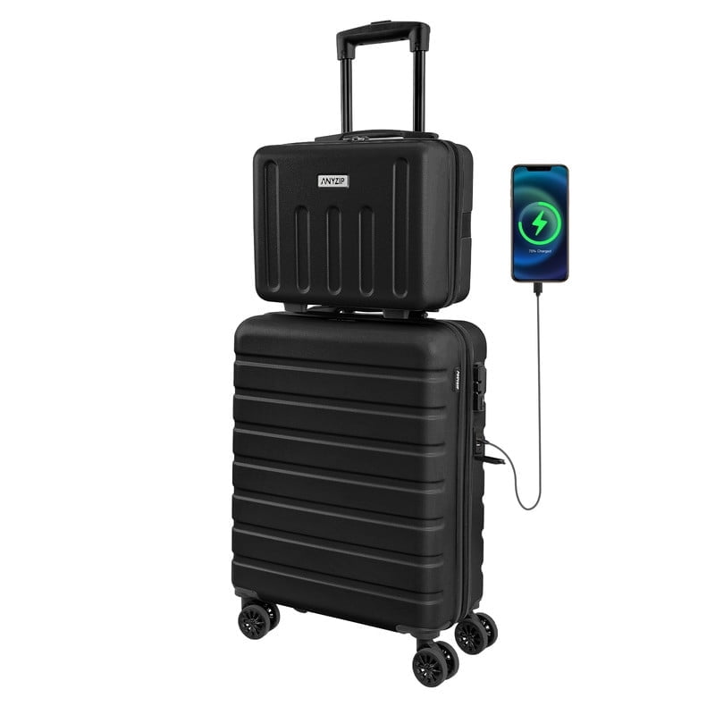 Luggage Sets 2 Piece Hardshell Lightweight Carry on Luggage Cosmetic Case with wheels USB Port TSA Lock 14 20 inch Black
