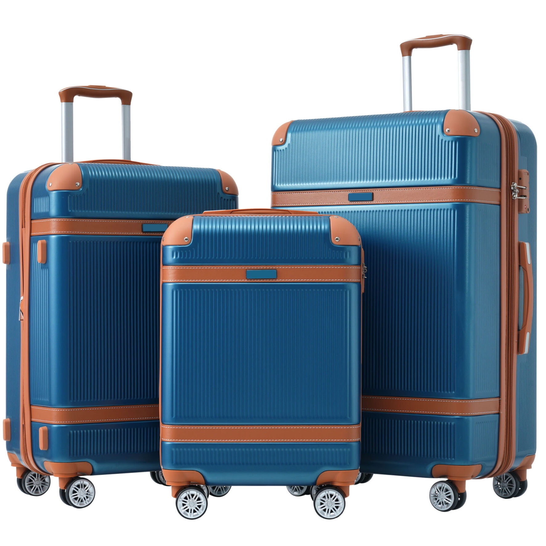 Blue and Brown 3 Piece Hard Shell Spinner Luggage Set