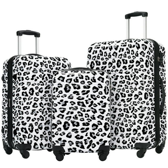 Luggage Sets 3 PCS Hardshell, 20" Carry on Luggage with TSA Lock, 24" Lightweight Checked Luggage, 28" Suitcase Set with Spinner Wheels for Women Men, White+Black Leopard