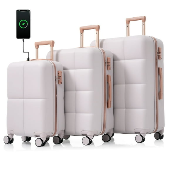 CASEMIOL Luggage Sets of 3, Large Suitcases with Wheel, Spinner Wheel Suitcases, Expandable Hardside Luggage with TSA Lock, Light Weight Luggage with USB Port, 3PC Trunk with Adjustable Handle