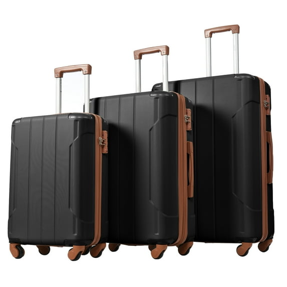Hardshell Luggage Set of 3, 20"/24"/"28" Travel Suitcase with Spinner Wheels & TSA Lock, 3 Piece Lightweight Expandable Luggage for Business and Storage, Black&Brown
