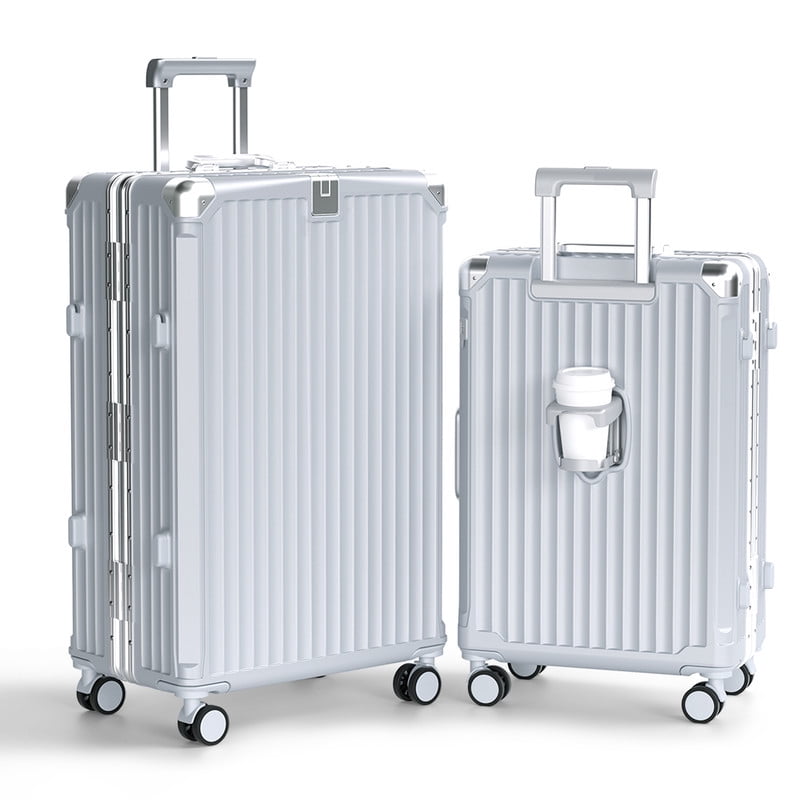 Luggage Sets 2 Piece Aluminium Frame PC ABS Hardside with Spinner Wheels PC+ABS Suitcase with TSA Lock 20 28 inch Carry on Luggage Silver