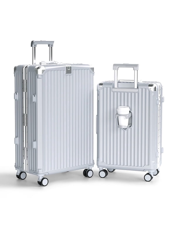 Luggage Sets 2 Piece Aluminium Frame PC ABS Hardside with Spinner Wheels PC+ABS Suitcase with TSA Lock 20 28 inch Zipperless Luggage Silver