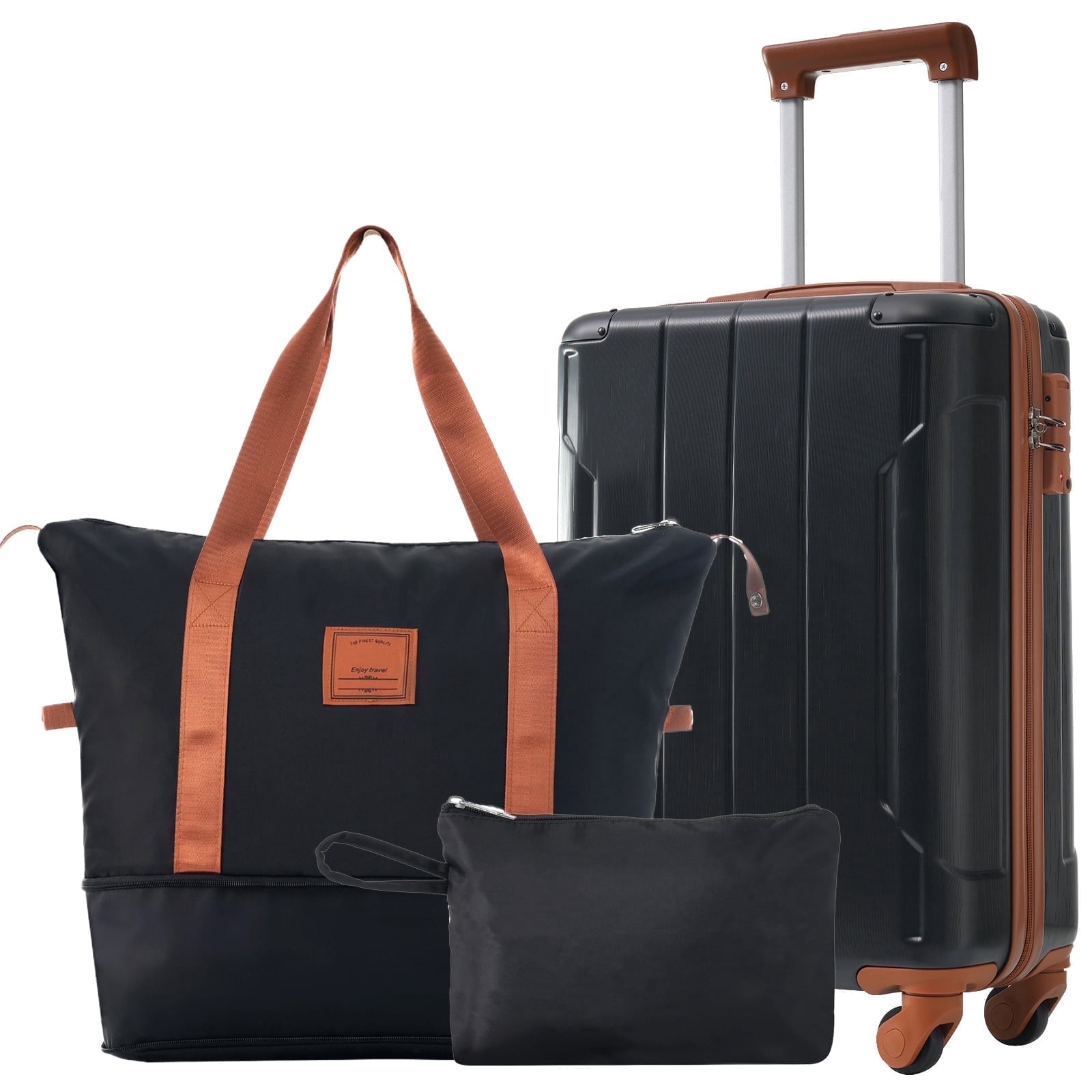 Luggage Sets 3 Piece Lightweight Hardside Rugged Travel Suitcase with Wheels, 22” x 14” x 9” Airline Approved, TSA Lock, Black Brown