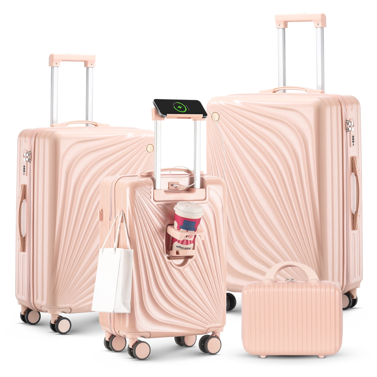 4-Piece Luggage Set, ABS/PC Hard Shell, 360 Spinner Wheels, Built-in Cup Holder & USB Charging Port, Travel Suitcase Set(Pink)