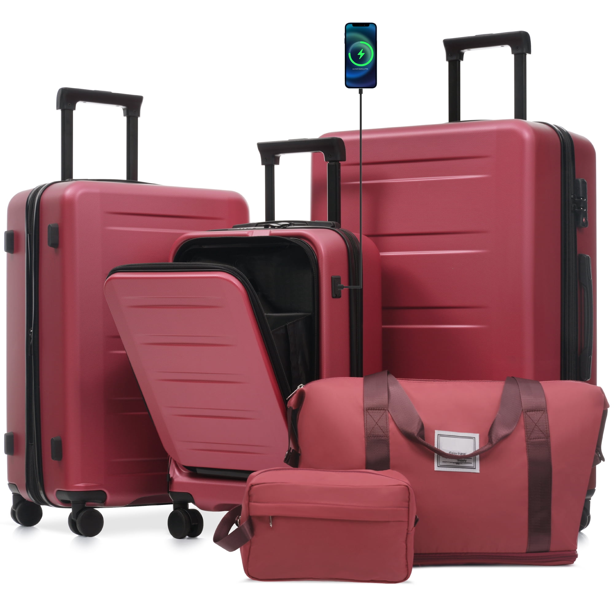 Luggage Sets 5 Piece with Front Opening, Hardside Expandable Carry On Suitcase Set with Double Spinner Wheel, Lightweight Travel Luggage with USB Port, TSA Locks (20"24"28")